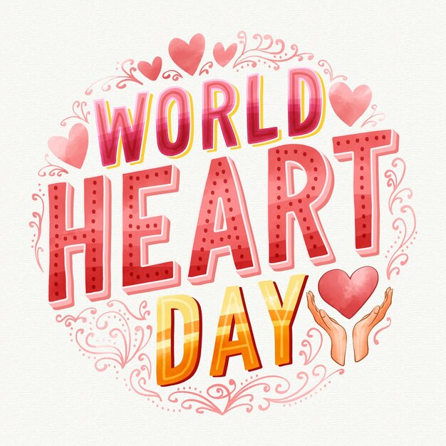 Watercolor world heart day lettering with hearts