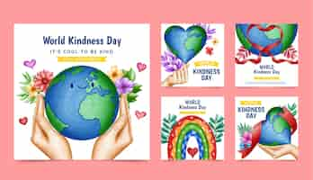 Free vector watercolor world kindness day instagram posts collection