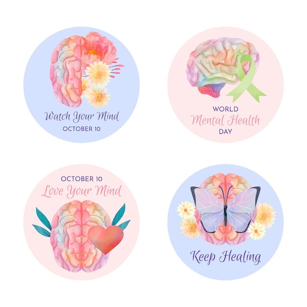 Watercolor world mental health day labels collection
