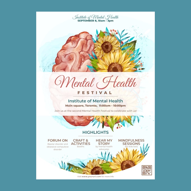 Watercolor world mental health day vertical flyer template