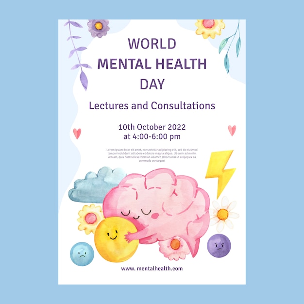 Watercolor world mental health day vertical poster template