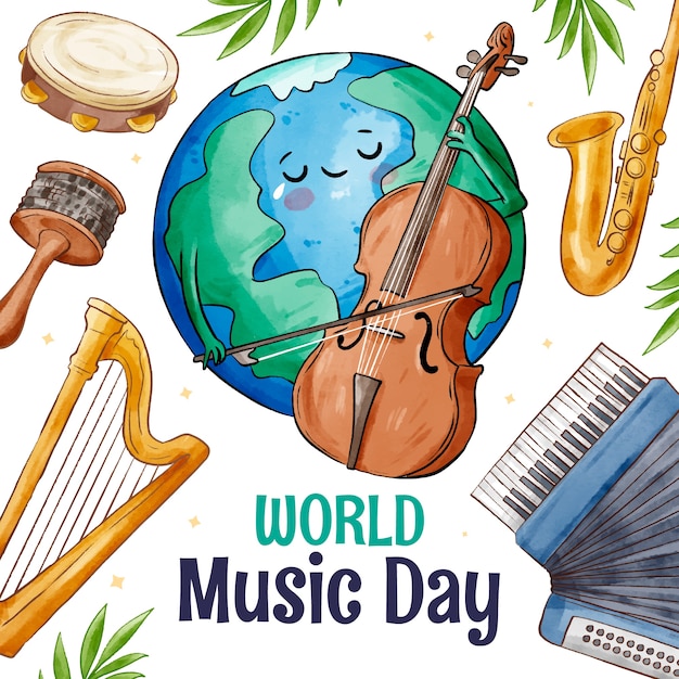 Всемирный день музыки акварелью иллюстрация