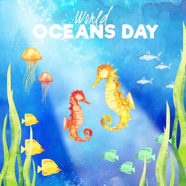 Watercolor world oceans day background