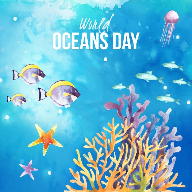 Watercolor world oceans day background