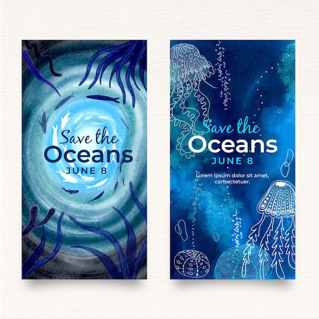 Watercolor world oceans day banner template