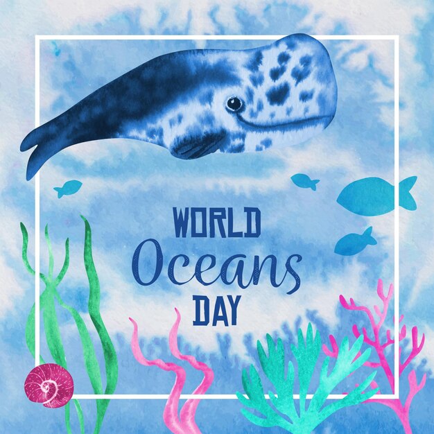 Watercolor world oceans day concept