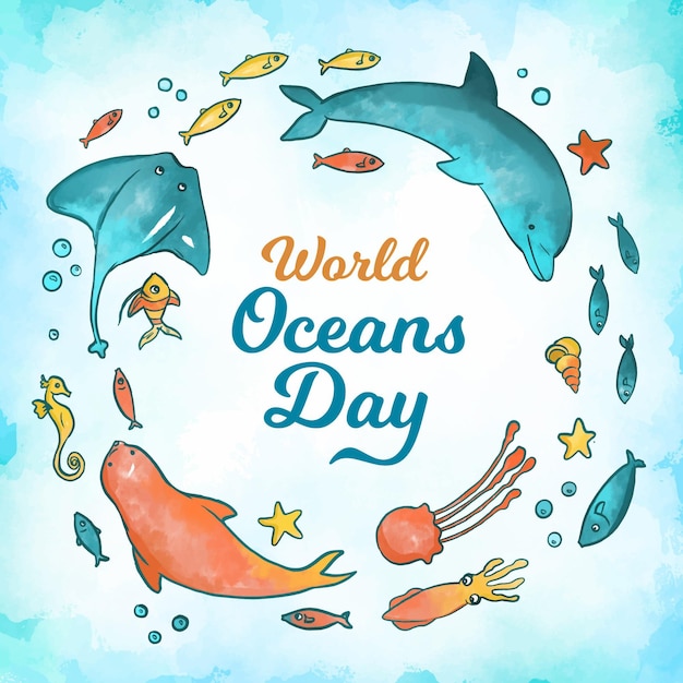 Watercolor world oceans day concept