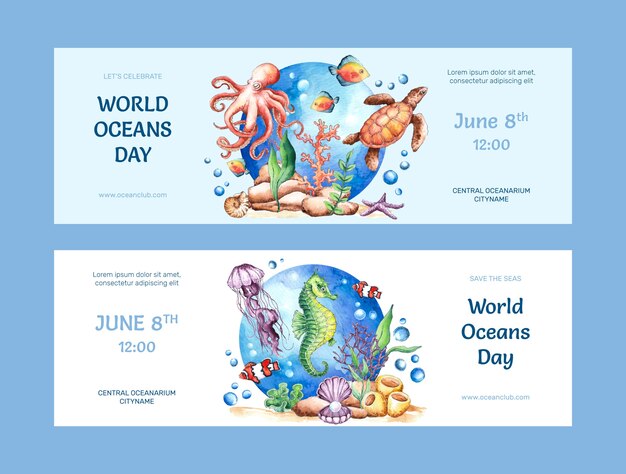 Watercolor world oceans day horizontal banner template