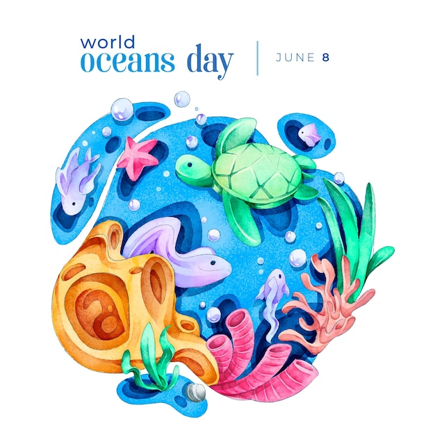 Watercolor world oceans day