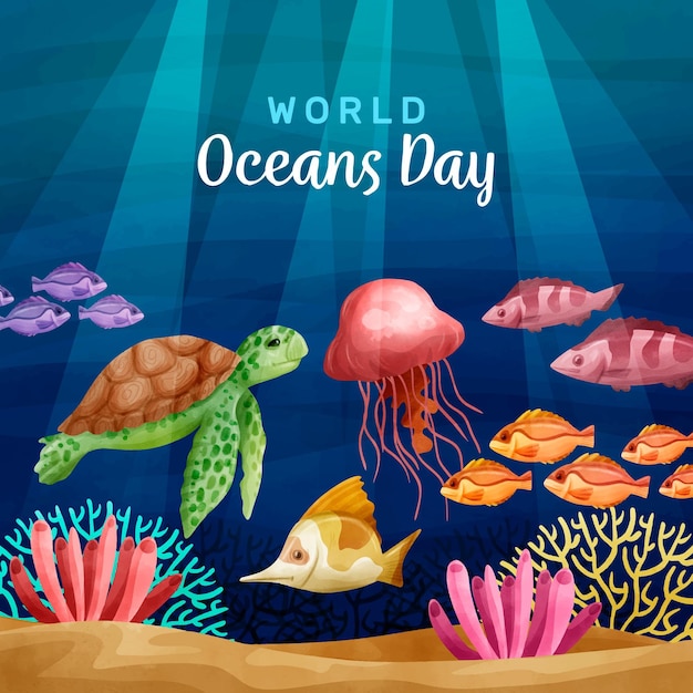 Watercolor world oceans day