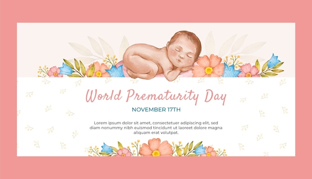 Modello di banner orizzontale della giornata mondiale della prematurità dell'acquerello