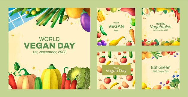 Watercolor world vegan day instagram post set