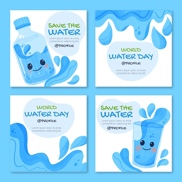 Watercolor world water day instagram posts collection