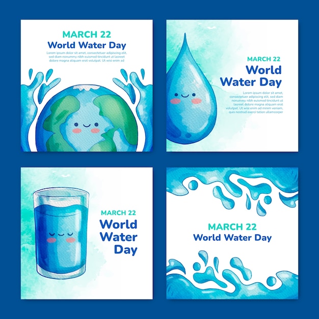 Free vector watercolor world water day instagram posts collection