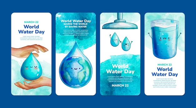 Бесплатное векторное изображение Коллекция рассказов instagram о всемирном дне воды в акварели