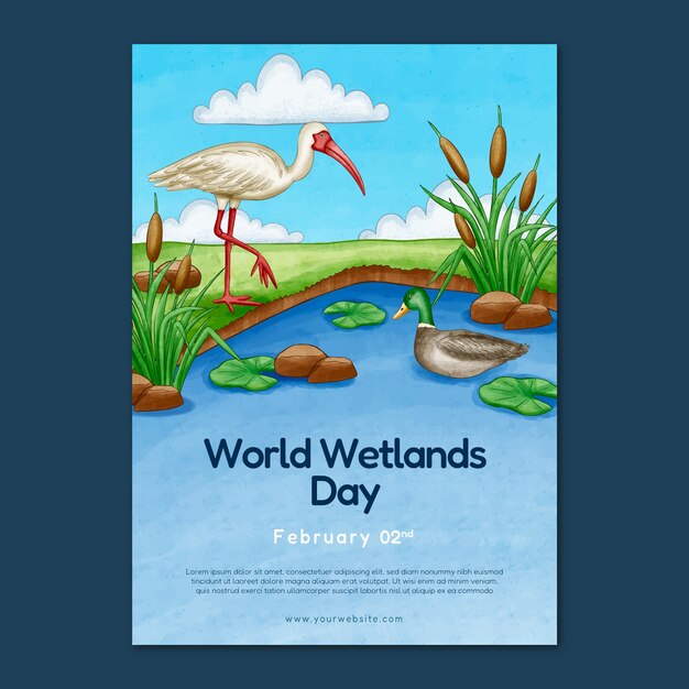 Watercolor world wetlands day vertical poster template