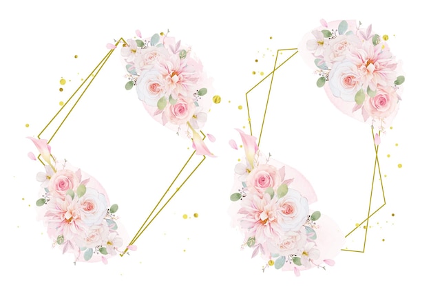 ピンクのバラのダリアとユリの花の水彩画の花輪