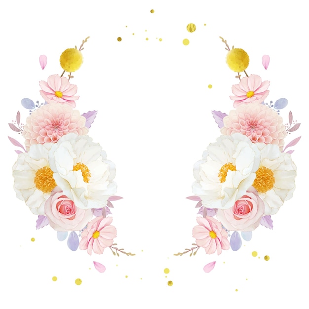 ピンクのバラのダリアと牡丹の花の水彩画の花輪