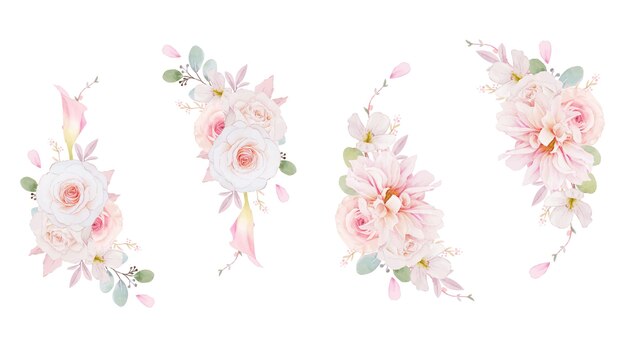 Watercolor wreath of pink roses  dahlia and lily flower