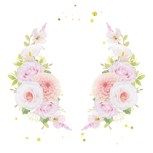 ピンクのバラとダリアの水彩画の花輪