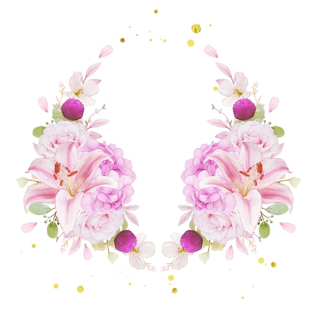 ピンクのバラのアジサイとユリの水彩画の花輪