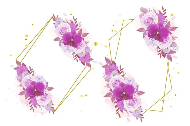 紫のバラと蘭の水彩花輪