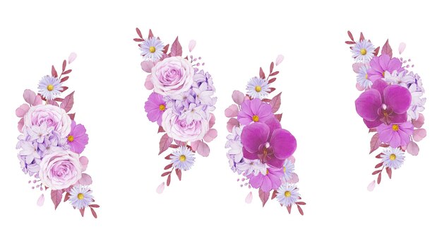 Акварельный венок из фиолетовой розы и орхидеи