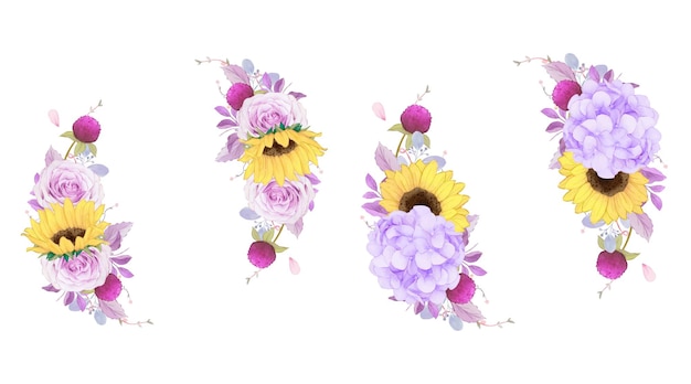 Free vector watercolor wreath of purple rose and sunflower