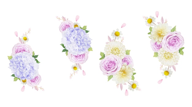 watercolor wreath of purple roses dahlia and hydrangea flower
