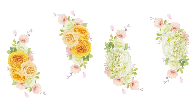 Watercolor wreath of roses and hydrangea