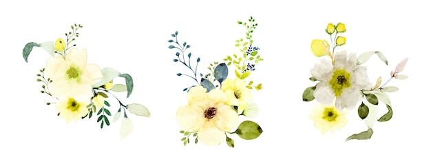 수채화 노란색 꽃 꽃다발 세트입니다. 흰색 배경에 분리된 식물 구성 수채색은 카드 디자인, 결혼식, 초대장, 인사말, 날짜 저장에 적합합니다.