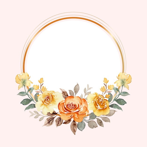 金の円と水彩の黄色いバラの花の花輪
