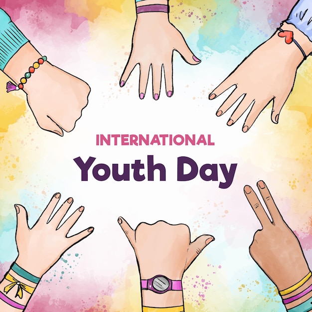 Watercolor youth day with hand signs