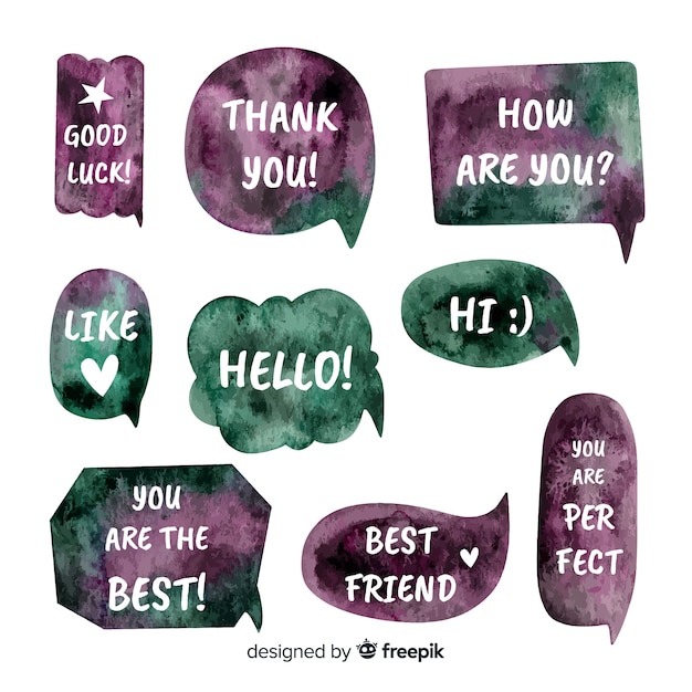 Free vector watercolored speech bubbles with different colors and expressions