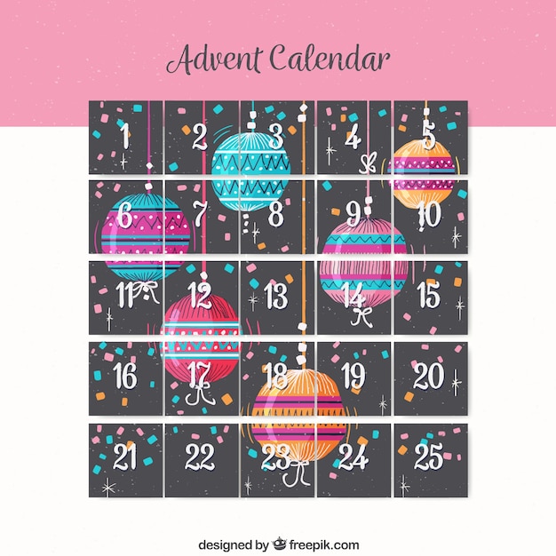 カラフルなクリスマスのbaublesと水彩のアドベントカレンダー