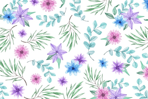 青と紫の花の水彩画の背景