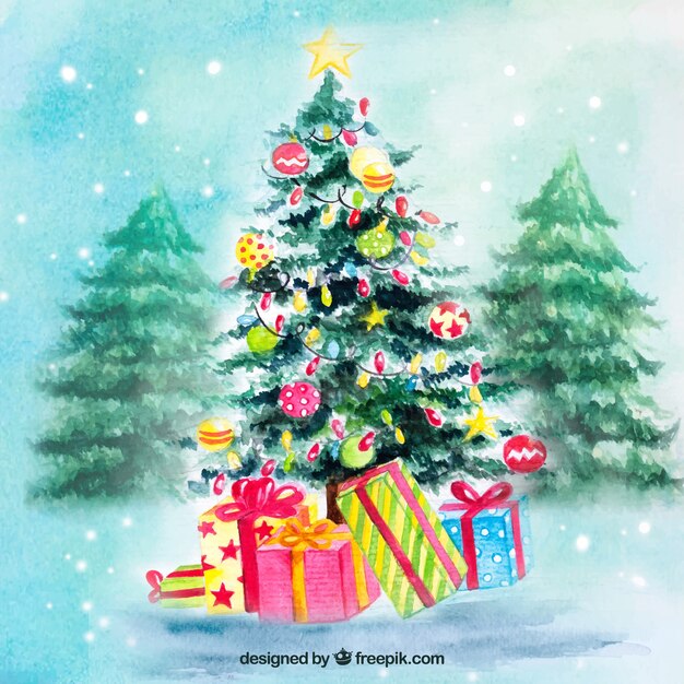 Watercolour background with a decorated christmas tree