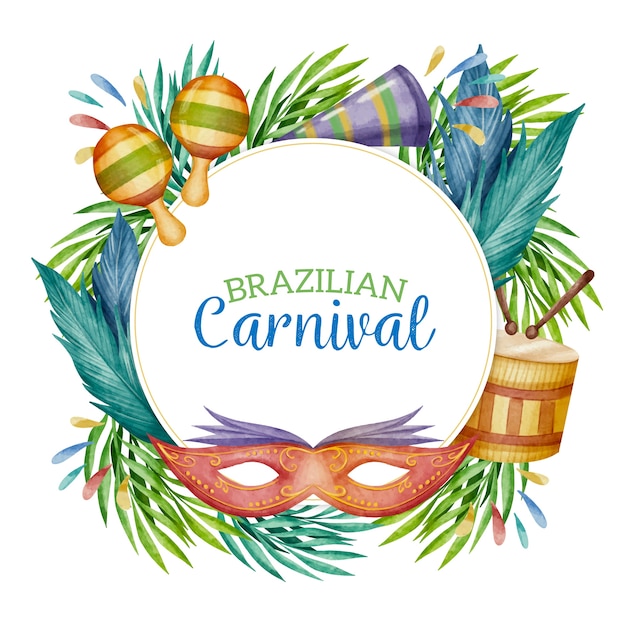 Акварель бразильский карнавал дизайн и рамка с разноцветными листьями