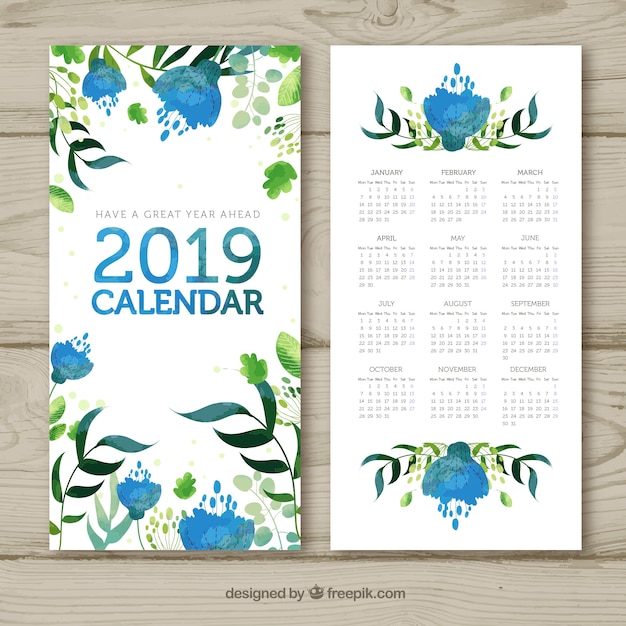 Watercolour calendar for 2019