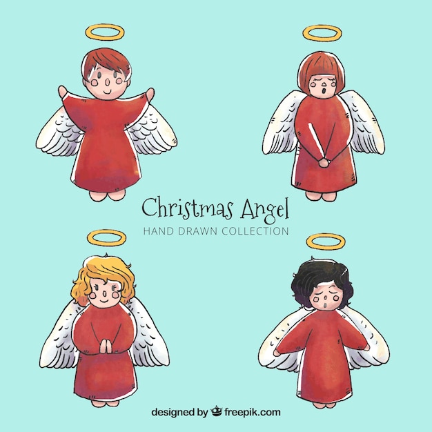 Free Vector watercolour christmas angels in red robes