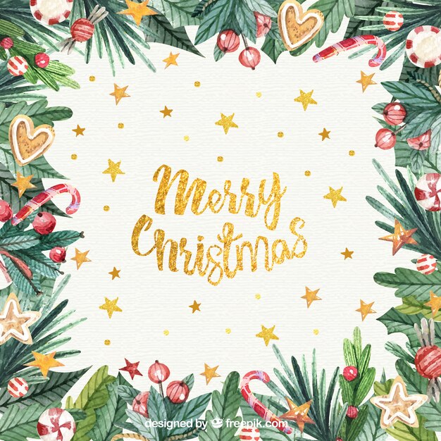 Watercolour christmas background with golden letters