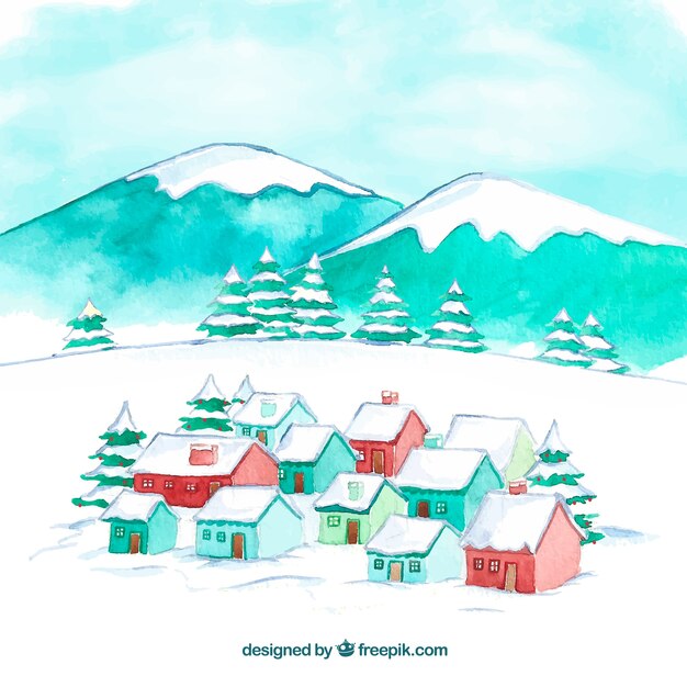 Watercolour christmas town with snowy mountains