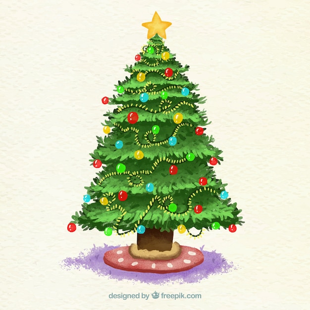 Free Vector watercolour christmas tree decorated with baubles and lights