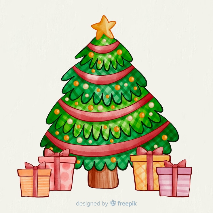 Free Vector watercolour christmas tree and gifts