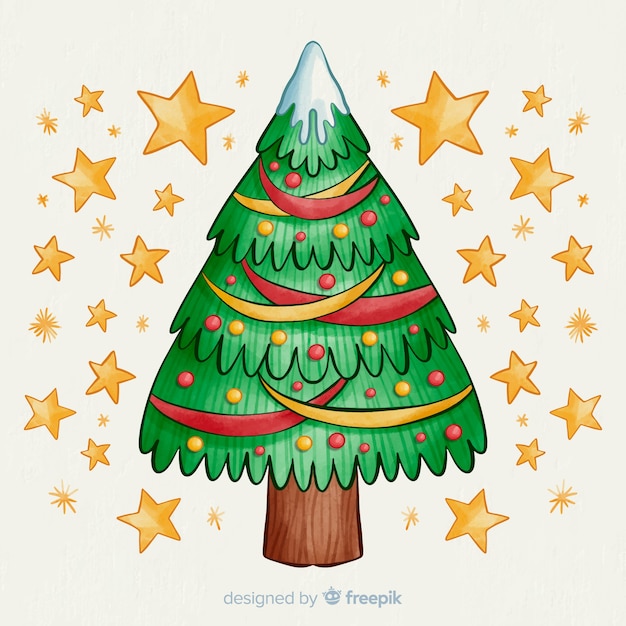 Watercolour christmas tree with golden stars