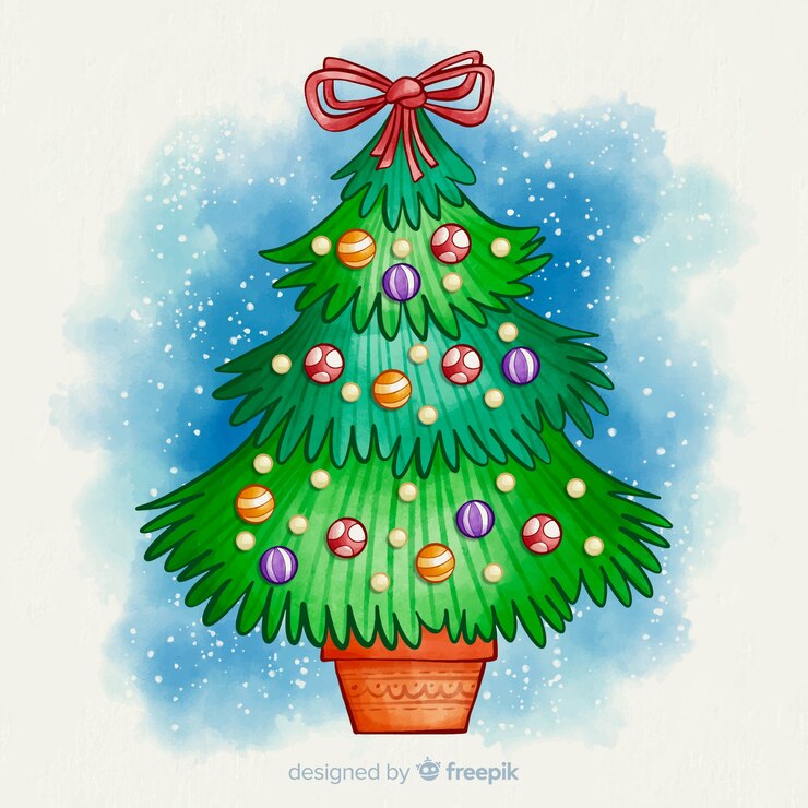 Free Vector watercolour christmas tree with ribbon on top