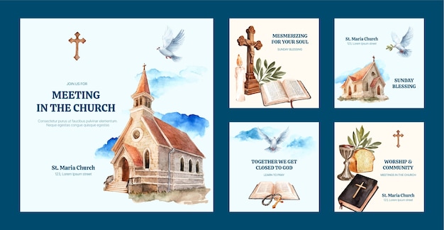 Free vector watercolour church instagram posts