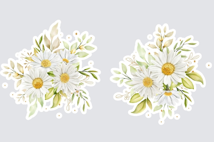 Free Vector watercolour daisy bouquet and branch sticker illustration