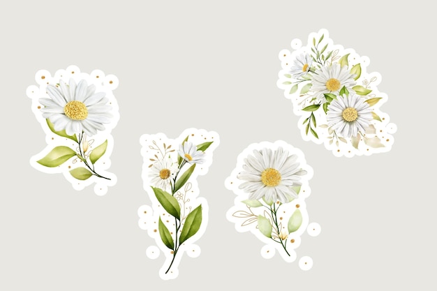 Vettore gratuito illustrazione ad acquerello di un bouquet di margherite e di un adesivo per rami