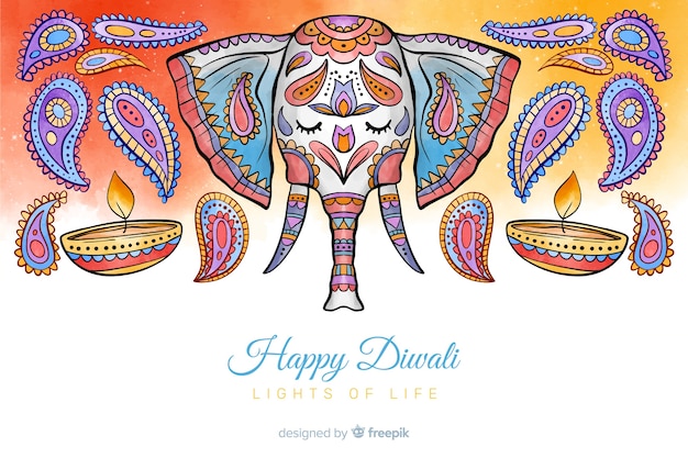 Watercolour diwali background and elephant concept